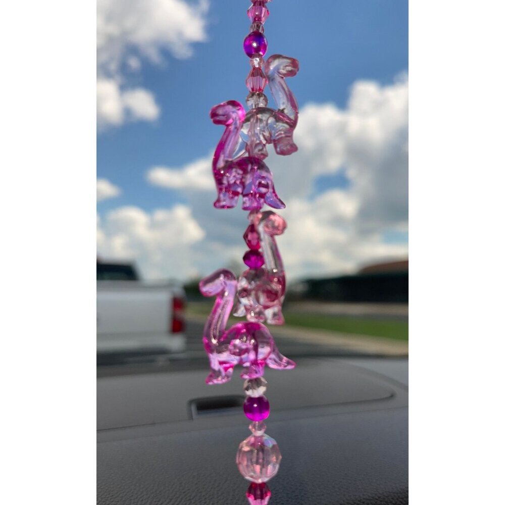 Dinosaur Beaded Suncatcher Rearview Mirror Ornament Pink Crystal Prism Car Charm - Picture 4 of 10